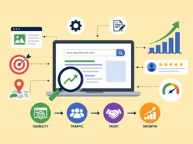 Infographic showing online discoverability strategies with SEO optimization, content marketing, website performance, search rankings, user engagement, analytics, and business growth indicators.