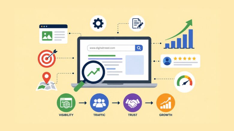 Infographic showing online discoverability strategies with SEO optimization, content marketing, website performance, search rankings, user engagement, analytics, and business growth indicators.