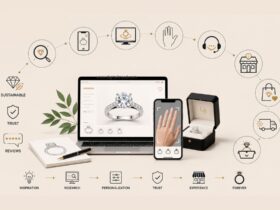 Luxury ecommerce engagement ring shopping infographic featuring virtual ring try-on technology, online jewelry browsing, personalized recommendations, sustainable diamonds, customer reviews, and a seamless digital-to-store buying journey.