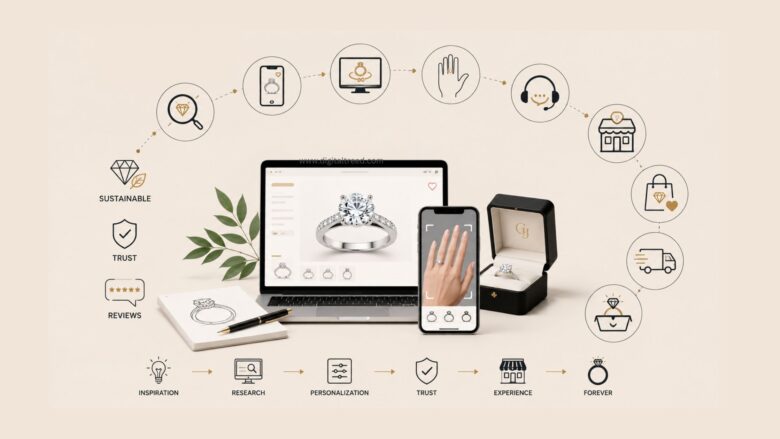 Luxury ecommerce engagement ring shopping infographic featuring virtual ring try-on technology, online jewelry browsing, personalized recommendations, sustainable diamonds, customer reviews, and a seamless digital-to-store buying journey.