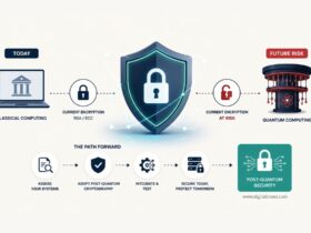 Infographic illustrating the impact of quantum computing on cybersecurity, showing traditional encryption methods, emerging quantum threats, post-quantum cryptography adoption, data protection strategies, and future-ready security frameworks.