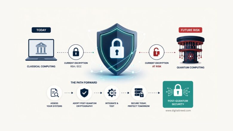Infographic illustrating the impact of quantum computing on cybersecurity, showing traditional encryption methods, emerging quantum threats, post-quantum cryptography adoption, data protection strategies, and future-ready security frameworks.
