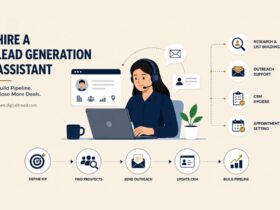 Infographic illustrating the role of a lead generation assistant, featuring prospect research, list building, outreach support, CRM management, appointment scheduling, and a structured sales pipeline growth process for small businesses.