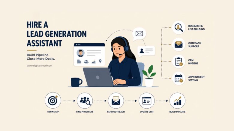 Infographic illustrating the role of a lead generation assistant, featuring prospect research, list building, outreach support, CRM management, appointment scheduling, and a structured sales pipeline growth process for small businesses.