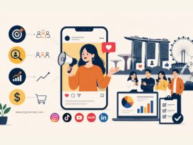 Infographic illustrating KOL marketing in Singapore, featuring a social media influencer, audience targeting, creator partnerships, campaign analytics, ROI tracking, and multi-platform marketing strategies.