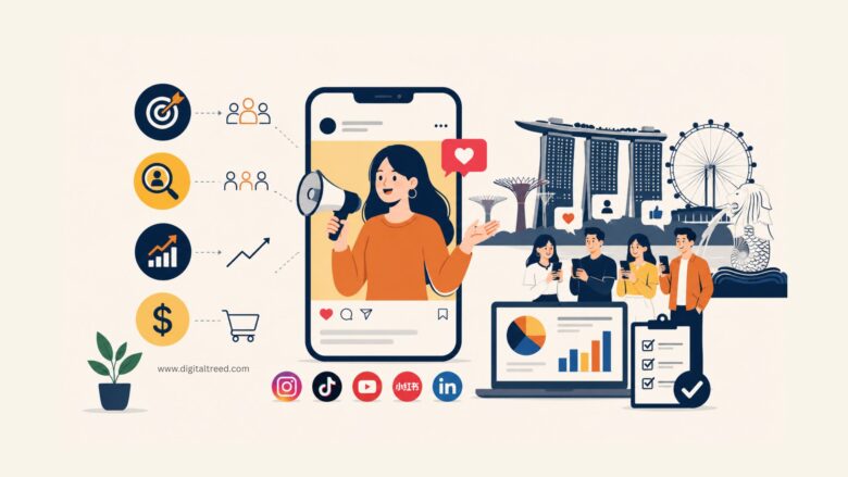 Infographic illustrating KOL marketing in Singapore, featuring a social media influencer, audience targeting, creator partnerships, campaign analytics, ROI tracking, and multi-platform marketing strategies.