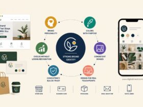 Infographic illustrating small business visual identity development, featuring brand personality, color strategy, consistent imagery, logo design, marketing materials, social media branding, packaging, and customer touchpoints working together to build brand recognition and trust.