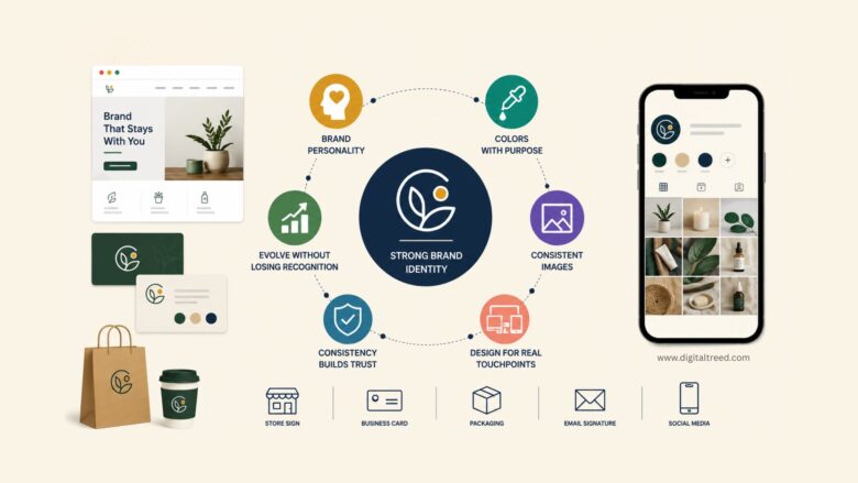 Infographic illustrating small business visual identity development, featuring brand personality, color strategy, consistent imagery, logo design, marketing materials, social media branding, packaging, and customer touchpoints working together to build brand recognition and trust.