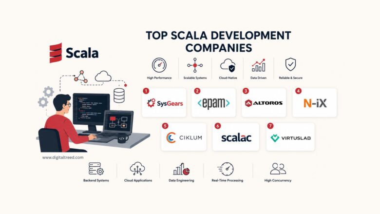 Infographic showcasing top Scala development companies, featuring scalable backend systems, cloud-native applications, distributed architectures, data engineering, real-time processing, high-performance software development, and enterprise-grade Scala solutions.