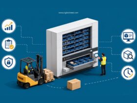 Infographic illustrating smart warehouse inventory management with an automated vertical storage system, forklift operations, barcode-based inventory tracking, warehouse analytics, goods-to-person picking, real-time stock visibility, space optimization, and workflow efficiency in a modern distribution center.