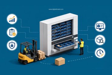 Infographic illustrating smart warehouse inventory management with an automated vertical storage system, forklift operations, barcode-based inventory tracking, warehouse analytics, goods-to-person picking, real-time stock visibility, space optimization, and workflow efficiency in a modern distribution center.