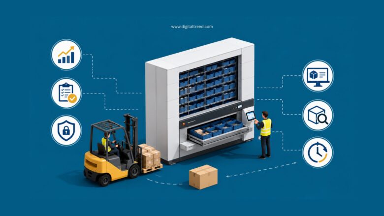 Infographic illustrating smart warehouse inventory management with an automated vertical storage system, forklift operations, barcode-based inventory tracking, warehouse analytics, goods-to-person picking, real-time stock visibility, space optimization, and workflow efficiency in a modern distribution center.