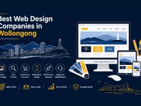 Infographic showcasing the best web design companies in Wollongong, highlighting responsive web design, SEO optimization, ecommerce solutions, branding, UX/UI design, mobile-friendly websites, lead generation, and digital marketing services for local businesses.
