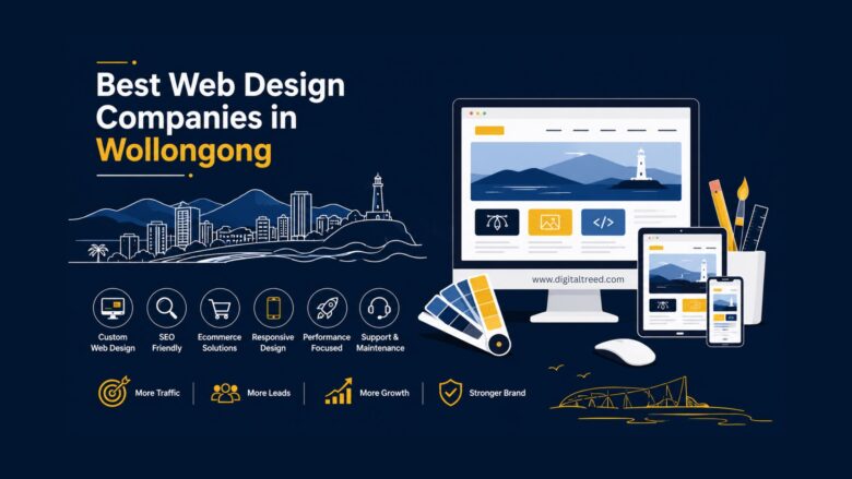 Infographic showcasing the best web design companies in Wollongong, highlighting responsive web design, SEO optimization, ecommerce solutions, branding, UX/UI design, mobile-friendly websites, lead generation, and digital marketing services for local businesses.
