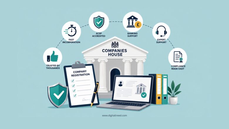 Infographic illustrating UK company registration through Companies House, featuring fast business incorporation, ACSP identity verification, compliance support, registered office services, business banking integration, secure documentation, and startup-friendly company formation solutions.