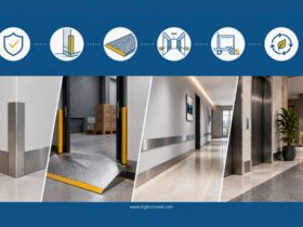 Infographic illustrating the integration of protective wall and floor barriers in modern commercial buildings, featuring corner guards, wall protection panels, floor transition plates, loading dock safety, durable materials, accessibility compliance, sustainable construction, and architectural design best practices.