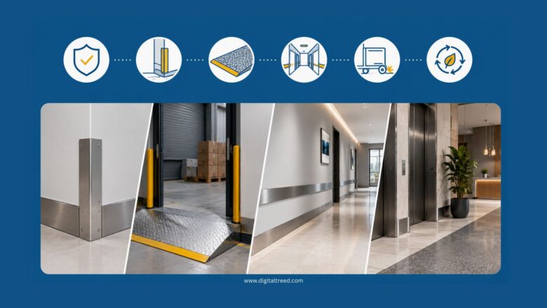 Infographic illustrating the integration of protective wall and floor barriers in modern commercial buildings, featuring corner guards, wall protection panels, floor transition plates, loading dock safety, durable materials, accessibility compliance, sustainable construction, and architectural design best practices.