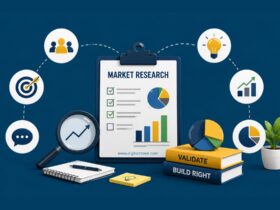 Infographic illustrating market research for student startups, featuring customer research, competitor analysis, idea validation, target audience identification, pricing strategy, market trends, business growth analytics, and product launch planning with charts, reports, and strategy icons.