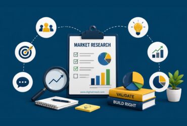 Infographic illustrating market research for student startups, featuring customer research, competitor analysis, idea validation, target audience identification, pricing strategy, market trends, business growth analytics, and product launch planning with charts, reports, and strategy icons.