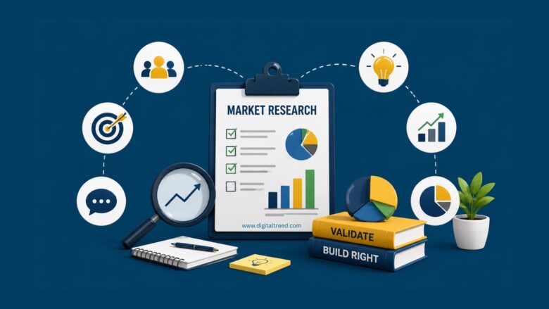 Infographic illustrating market research for student startups, featuring customer research, competitor analysis, idea validation, target audience identification, pricing strategy, market trends, business growth analytics, and product launch planning with charts, reports, and strategy icons.