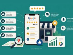 Infographic illustrating Google review management for businesses, featuring customer reviews, five-star ratings, local SEO, online reputation management, review requests, customer feedback monitoring, business growth analytics, trust building, and improved local search visibility.