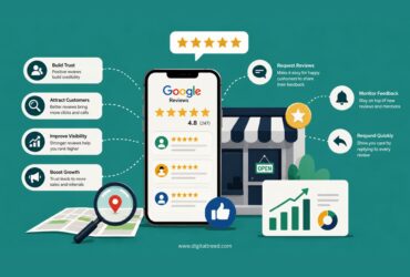 Infographic illustrating Google review management for businesses, featuring customer reviews, five-star ratings, local SEO, online reputation management, review requests, customer feedback monitoring, business growth analytics, trust building, and improved local search visibility.