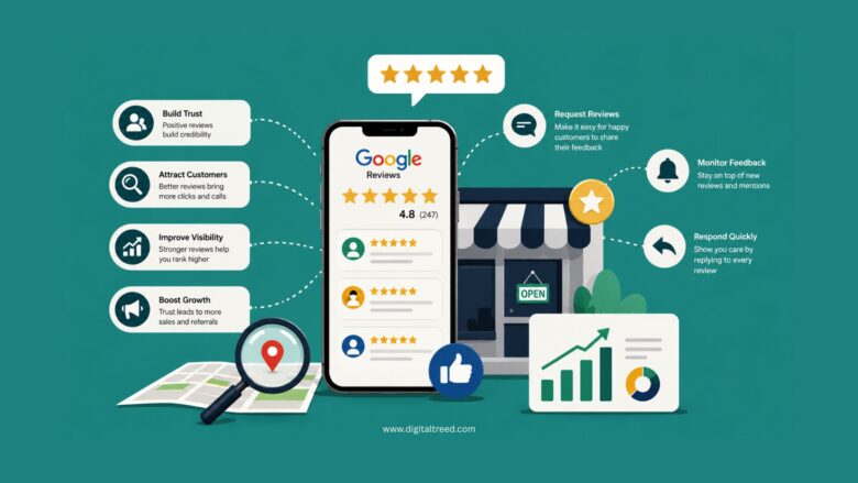 Infographic illustrating Google review management for businesses, featuring customer reviews, five-star ratings, local SEO, online reputation management, review requests, customer feedback monitoring, business growth analytics, trust building, and improved local search visibility.