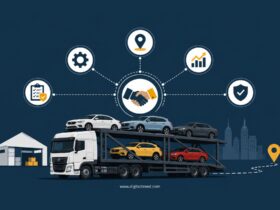 Infographic illustrating outsourced logistics for growing businesses using vehicle transport as a case study, featuring a car carrier truck, warehouse, route planning, cost optimization, secure transportation, operational efficiency, risk reduction, supply chain management, and scalable business growth icons.
