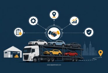 Infographic illustrating outsourced logistics for growing businesses using vehicle transport as a case study, featuring a car carrier truck, warehouse, route planning, cost optimization, secure transportation, operational efficiency, risk reduction, supply chain management, and scalable business growth icons.