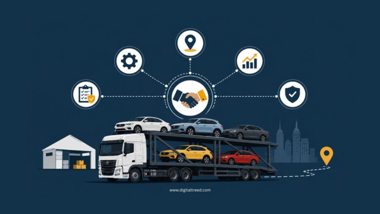 Infographic illustrating outsourced logistics for growing businesses using vehicle transport as a case study, featuring a car carrier truck, warehouse, route planning, cost optimization, secure transportation, operational efficiency, risk reduction, supply chain management, and scalable business growth icons.