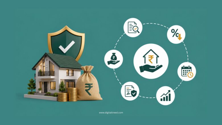 Infographic illustrating how a Loan Against Property helps unlock property value without selling, featuring home equity, property valuation, competitive interest rates, loan approval, legal verification, flexible repayment options, and smart financial planning for homeowners.