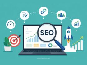 Infographic illustrating the key elements of high-performing SEO campaigns, featuring keyword research, technical SEO, quality content, backlink building, website analytics, search rankings, organic traffic growth, user experience optimization, and long-term digital marketing success.