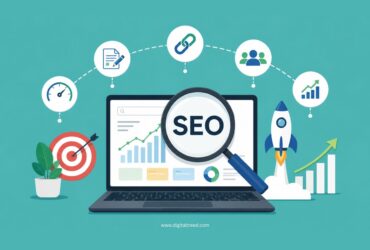 Infographic illustrating the key elements of high-performing SEO campaigns, featuring keyword research, technical SEO, quality content, backlink building, website analytics, search rankings, organic traffic growth, user experience optimization, and long-term digital marketing success.