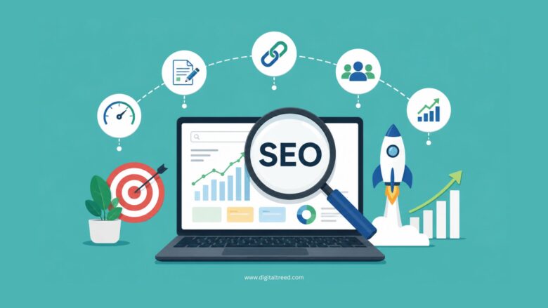 Infographic illustrating the key elements of high-performing SEO campaigns, featuring keyword research, technical SEO, quality content, backlink building, website analytics, search rankings, organic traffic growth, user experience optimization, and long-term digital marketing success.