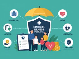 Flat vector infographic illustrating critical illness insurance for Indian families, highlighting financial protection, lump-sum benefits, healthcare costs, recovery support, family security, and comprehensive medical coverage with shield, umbrella, heart, hospital, and insurance icons.