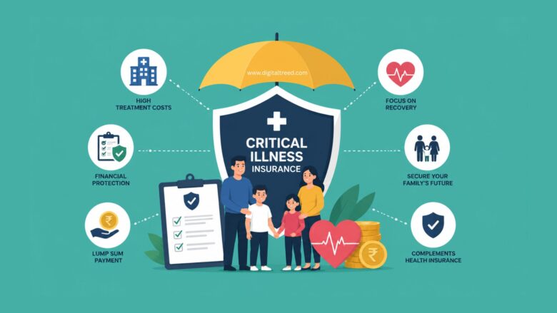 Flat vector infographic illustrating critical illness insurance for Indian families, highlighting financial protection, lump-sum benefits, healthcare costs, recovery support, family security, and comprehensive medical coverage with shield, umbrella, heart, hospital, and insurance icons.