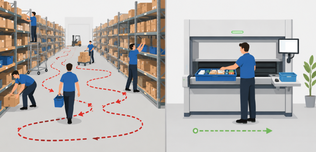 Goods-to-person storage reverses this pattern