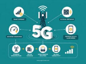 Infographic illustrating why 5G connectivity can still face problems, featuring weak coverage, physical obstacles, network congestion, dropped calls, slow speeds, signal boosters, stronger infrastructure, and improved mobile reception.