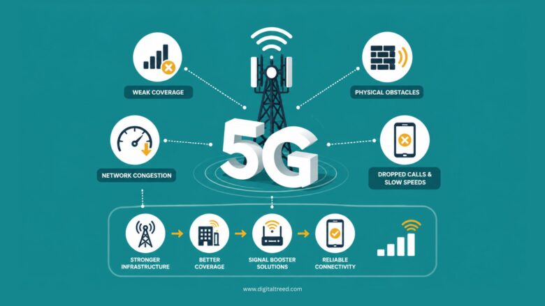 Infographic illustrating why 5G connectivity can still face problems, featuring weak coverage, physical obstacles, network congestion, dropped calls, slow speeds, signal boosters, stronger infrastructure, and improved mobile reception.