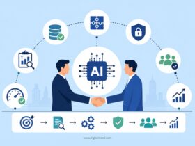 Infographic showing how enterprises choose an AI services partner, featuring AI technology, data integration, security, governance, analytics, collaboration, scalability, and long-term business growth.