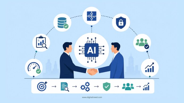 Infographic showing how enterprises choose an AI services partner, featuring AI technology, data integration, security, governance, analytics, collaboration, scalability, and long-term business growth.