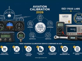 Infographic illustrating the 7 best aviation calibration services companies in 2026, featuring ISO/IEC 17025-accredited laboratories, aircraft testing instruments, calibration equipment, compliance certification, avionics measurement tools, and an MRO-focused aviation maintenance workflow on a solid blue background.