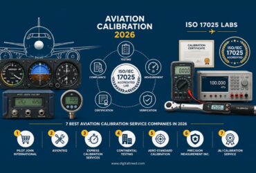 Infographic illustrating the 7 best aviation calibration services companies in 2026, featuring ISO/IEC 17025-accredited laboratories, aircraft testing instruments, calibration equipment, compliance certification, avionics measurement tools, and an MRO-focused aviation maintenance workflow on a solid blue background.