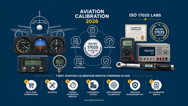 Infographic illustrating the 7 best aviation calibration services companies in 2026, featuring ISO/IEC 17025-accredited laboratories, aircraft testing instruments, calibration equipment, compliance certification, avionics measurement tools, and an MRO-focused aviation maintenance workflow on a solid blue background.
