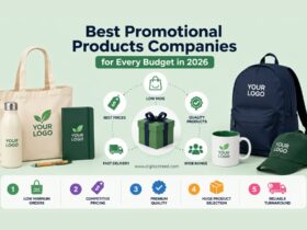 Infographic showcasing the best promotional products companies for every budget in 2026, featuring branded tote bags, mugs, water bottles, backpacks, notebooks, pens, and caps alongside icons representing low minimum order quantities, competitive pricing, premium quality, fast delivery, wide product selection, and custom logo merchandise for business marketing and brand promotion.