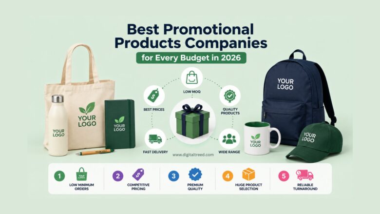 Infographic showcasing the best promotional products companies for every budget in 2026, featuring branded tote bags, mugs, water bottles, backpacks, notebooks, pens, and caps alongside icons representing low minimum order quantities, competitive pricing, premium quality, fast delivery, wide product selection, and custom logo merchandise for business marketing and brand promotion.