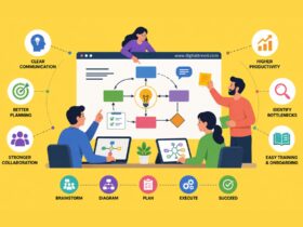 Flat vector infographic illustrating the benefits of visual communication tools in the workplace, featuring workflow diagrams, flowcharts, brainstorming, project planning, team collaboration, employee training, productivity improvement, process optimization, and efficient business communication with colorful icons and connected visual elements.