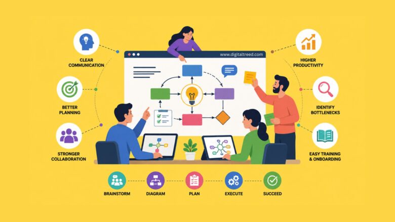 Flat vector infographic illustrating the benefits of visual communication tools in the workplace, featuring workflow diagrams, flowcharts, brainstorming, project planning, team collaboration, employee training, productivity improvement, process optimization, and efficient business communication with colorful icons and connected visual elements.