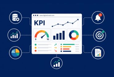 Infographic showing KPI tracking software with a centralized performance dashboard, real-time charts, KPI scoring, alerts, targets, reports, data tracking, and performance growth indicators.