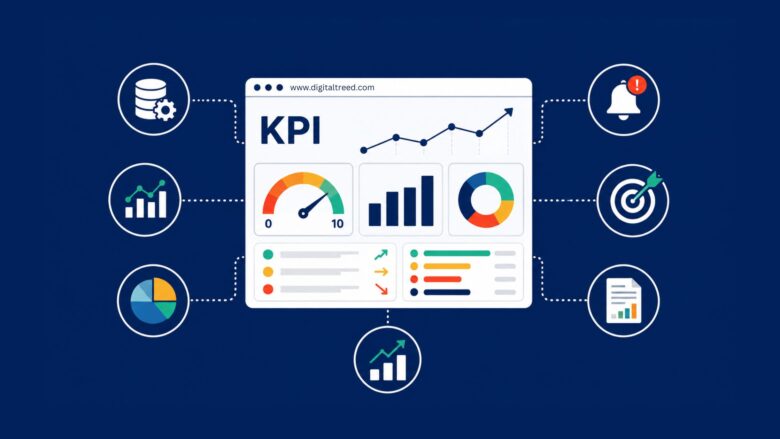 Infographic showing KPI tracking software with a centralized performance dashboard, real-time charts, KPI scoring, alerts, targets, reports, data tracking, and performance growth indicators.